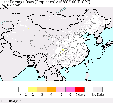 China, Mongolia and Taiwan Heat Damage Days (Croplands) >=38°C/100°F (CPC) Thematic Map For 8/14/2023 - 8/20/2023