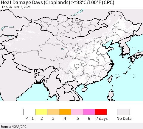 China, Mongolia and Taiwan Heat Damage Days (Croplands) >=38°C/100°F (CPC) Thematic Map For 2/26/2024 - 3/3/2024