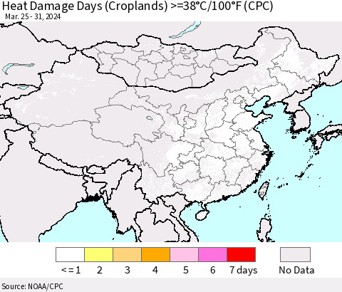 China, Mongolia and Taiwan Heat Damage Days (Croplands) >=38°C/100°F (CPC) Thematic Map For 3/25/2024 - 3/31/2024