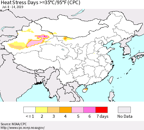 China and Taiwan Heat Stress Days >=35°C/95°F (CPC) Thematic Map For 7/8/2019 - 7/14/2019