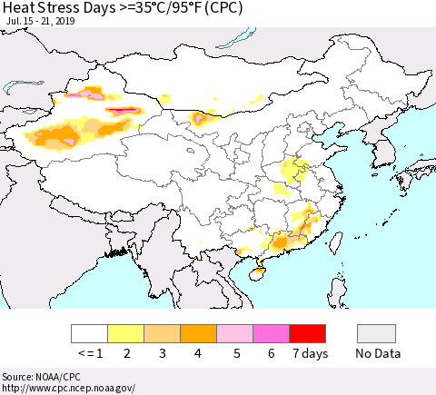 China and Taiwan Heat Stress Days >=35°C/95°F (CPC) Thematic Map For 7/15/2019 - 7/21/2019