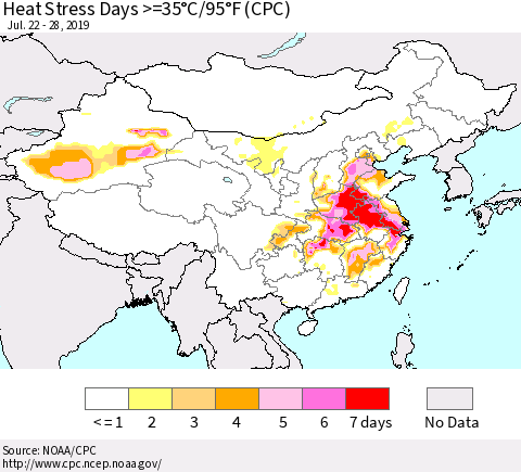 China and Taiwan Heat Stress Days >=35°C/95°F (CPC) Thematic Map For 7/22/2019 - 7/28/2019