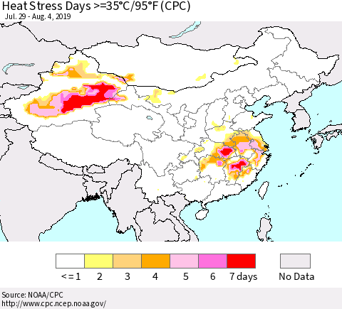 China, Mongolia and Taiwan Heat Stress Days >=35°C/95°F (CPC) Thematic Map For 7/29/2019 - 8/4/2019