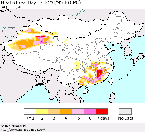 China and Taiwan Heat Stress Days >=35°C/95°F (CPC) Thematic Map For 8/5/2019 - 8/11/2019