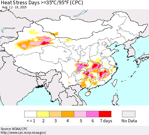China and Taiwan Heat Stress Days >=35°C/95°F (CPC) Thematic Map For 8/12/2019 - 8/18/2019