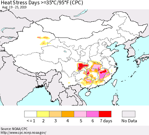 China and Taiwan Heat Stress Days >=35°C/95°F (CPC) Thematic Map For 8/19/2019 - 8/25/2019