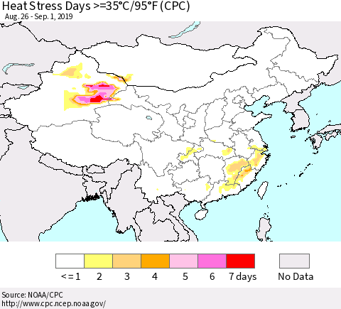 China, Mongolia and Taiwan Heat Stress Days >=35°C/95°F (CPC) Thematic Map For 8/26/2019 - 9/1/2019