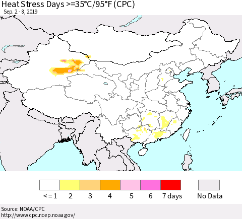 China and Taiwan Heat Stress Days >=35°C/95°F (CPC) Thematic Map For 9/2/2019 - 9/8/2019