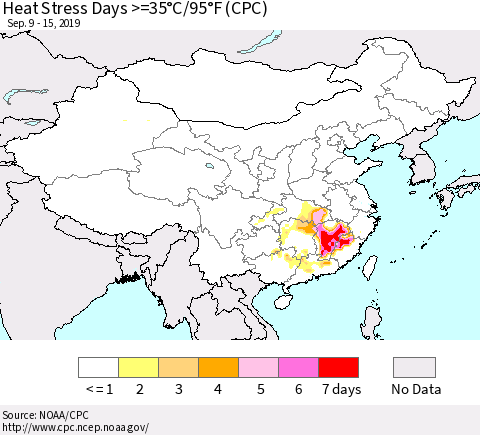 China and Taiwan Heat Stress Days >=35°C/95°F (CPC) Thematic Map For 9/9/2019 - 9/15/2019