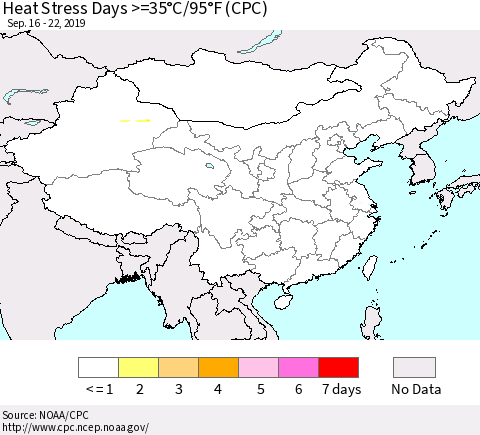 China and Taiwan Heat Stress Days >=35°C/95°F (CPC) Thematic Map For 9/16/2019 - 9/22/2019