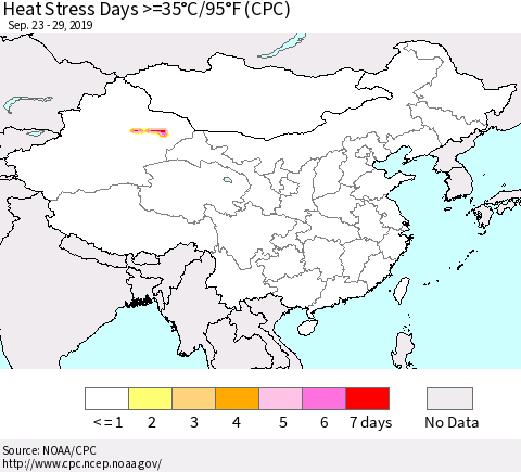 China and Taiwan Heat Stress Days >=35°C/95°F (CPC) Thematic Map For 9/23/2019 - 9/29/2019