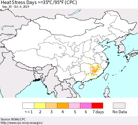China and Taiwan Heat Stress Days >=35°C/95°F (CPC) Thematic Map For 9/30/2019 - 10/6/2019