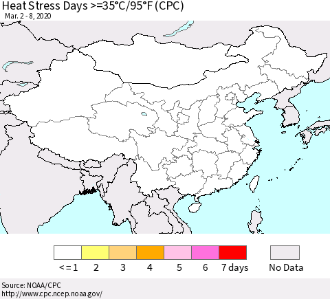 China, Mongolia and Taiwan Heat Stress Days >=35°C/95°F (CPC) Thematic Map For 3/2/2020 - 3/8/2020