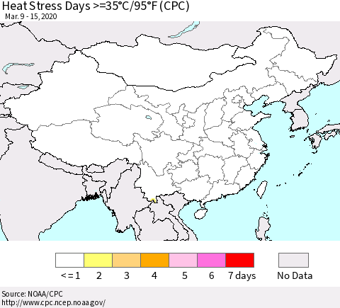China, Mongolia and Taiwan Heat Stress Days >=35°C/95°F (CPC) Thematic Map For 3/9/2020 - 3/15/2020
