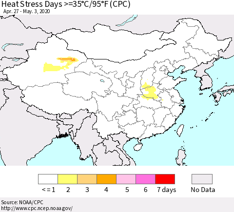 China, Mongolia and Taiwan Heat Stress Days >=35°C/95°F (CPC) Thematic Map For 4/27/2020 - 5/3/2020