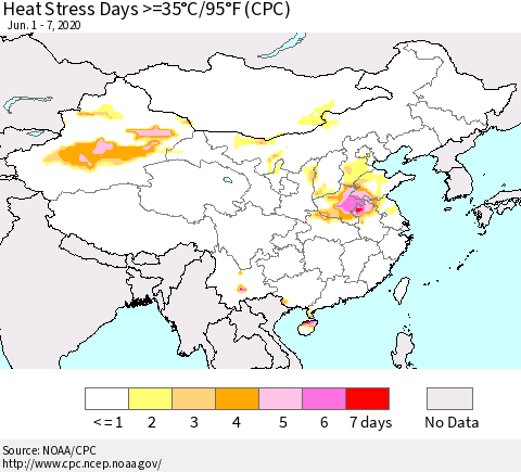 China, Mongolia and Taiwan Heat Stress Days >=35°C/95°F (CPC) Thematic Map For 6/1/2020 - 6/7/2020