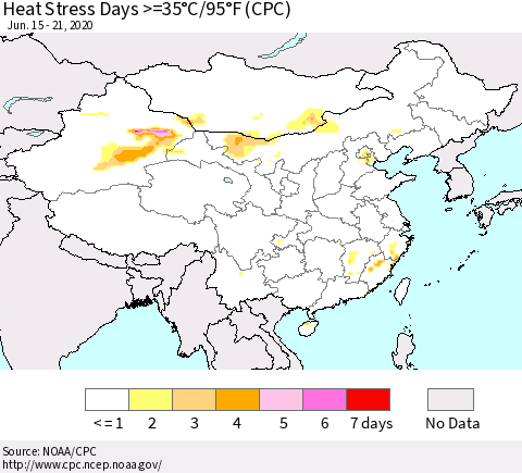 China, Mongolia and Taiwan Heat Stress Days >=35°C/95°F (CPC) Thematic Map For 6/15/2020 - 6/21/2020