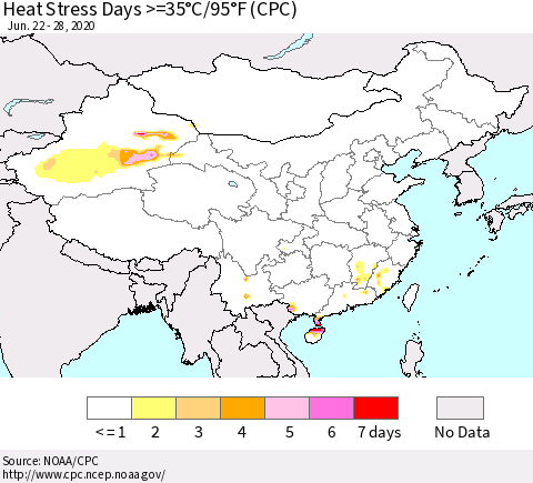 China, Mongolia and Taiwan Heat Stress Days >=35°C/95°F (CPC) Thematic Map For 6/22/2020 - 6/28/2020
