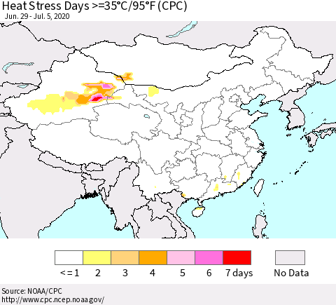 China, Mongolia and Taiwan Heat Stress Days >=35°C/95°F (CPC) Thematic Map For 6/29/2020 - 7/5/2020