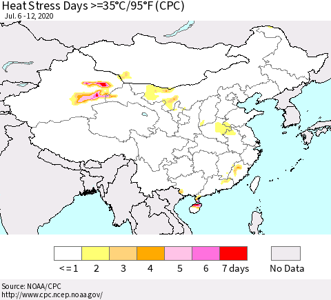 China, Mongolia and Taiwan Heat Stress Days >=35°C/95°F (CPC) Thematic Map For 7/6/2020 - 7/12/2020