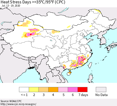 China, Mongolia and Taiwan Heat Stress Days >=35°C/95°F (CPC) Thematic Map For 7/13/2020 - 7/19/2020