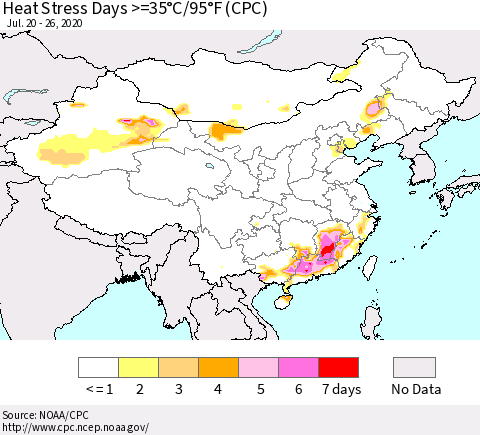 China, Mongolia and Taiwan Heat Stress Days >=35°C/95°F (CPC) Thematic Map For 7/20/2020 - 7/26/2020