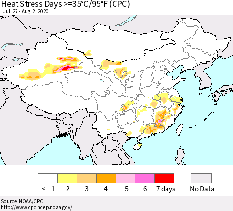 China, Mongolia and Taiwan Heat Stress Days >=35°C/95°F (CPC) Thematic Map For 7/27/2020 - 8/2/2020