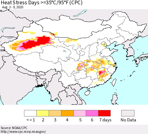 China, Mongolia and Taiwan Heat Stress Days >=35°C/95°F (CPC) Thematic Map For 8/3/2020 - 8/9/2020