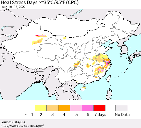 China, Mongolia and Taiwan Heat Stress Days >=35°C/95°F (CPC) Thematic Map For 8/10/2020 - 8/16/2020