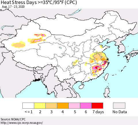 China, Mongolia and Taiwan Heat Stress Days >=35°C/95°F (CPC) Thematic Map For 8/17/2020 - 8/23/2020