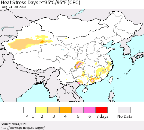 China, Mongolia and Taiwan Heat Stress Days >=35°C/95°F (CPC) Thematic Map For 8/24/2020 - 8/30/2020