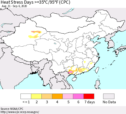 China, Mongolia and Taiwan Heat Stress Days >=35°C/95°F (CPC) Thematic Map For 8/31/2020 - 9/6/2020