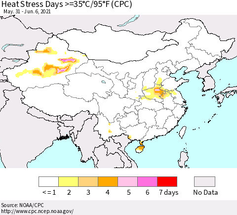 China, Mongolia and Taiwan Heat Stress Days >=35°C/95°F (CPC) Thematic Map For 5/31/2021 - 6/6/2021