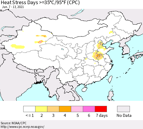China, Mongolia and Taiwan Heat Stress Days >=35°C/95°F (CPC) Thematic Map For 6/7/2021 - 6/13/2021