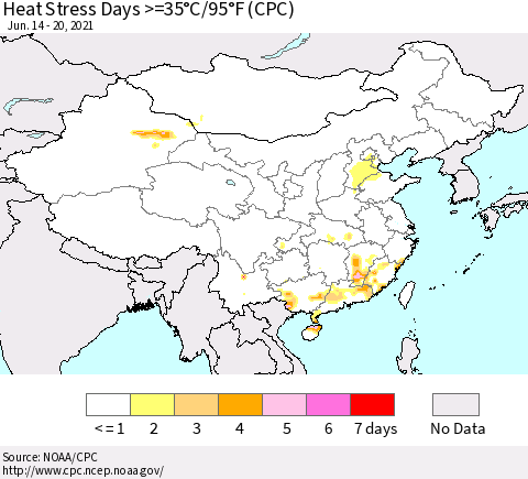 China, Mongolia and Taiwan Heat Stress Days >=35°C/95°F (CPC) Thematic Map For 6/14/2021 - 6/20/2021