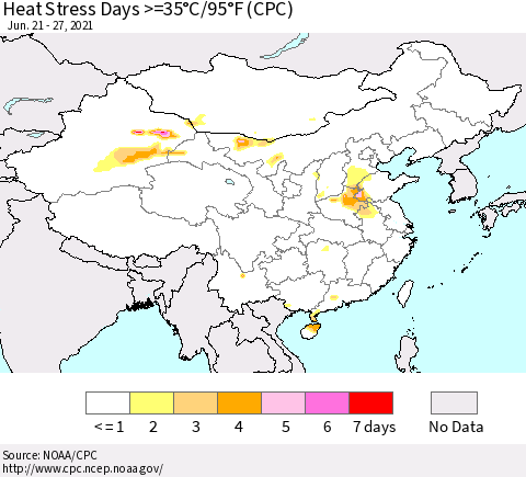 China, Mongolia and Taiwan Heat Stress Days >=35°C/95°F (CPC) Thematic Map For 6/21/2021 - 6/27/2021