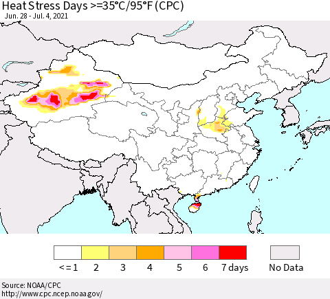 China, Mongolia and Taiwan Heat Stress Days >=35°C/95°F (CPC) Thematic Map For 6/28/2021 - 7/4/2021