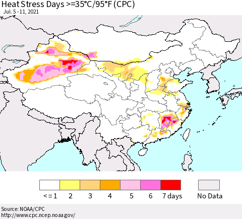 China, Mongolia and Taiwan Heat Stress Days >=35°C/95°F (CPC) Thematic Map For 7/5/2021 - 7/11/2021