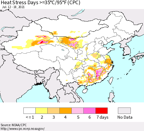 China, Mongolia and Taiwan Heat Stress Days >=35°C/95°F (CPC) Thematic Map For 7/12/2021 - 7/18/2021