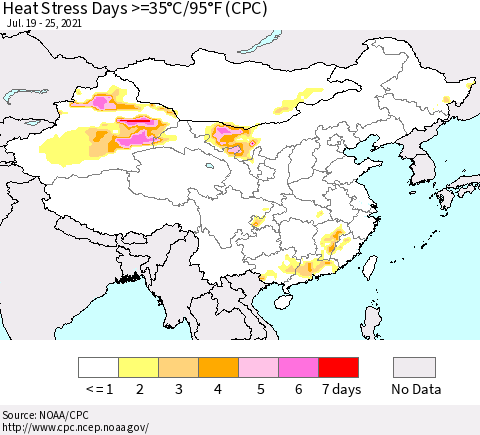 China, Mongolia and Taiwan Heat Stress Days >=35°C/95°F (CPC) Thematic Map For 7/19/2021 - 7/25/2021