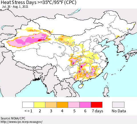 China, Mongolia and Taiwan Heat Stress Days >=35°C/95°F (CPC) Thematic Map For 7/26/2021 - 8/1/2021