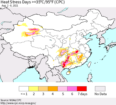 China, Mongolia and Taiwan Heat Stress Days >=35°C/95°F (CPC) Thematic Map For 8/2/2021 - 8/8/2021