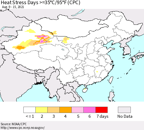 China, Mongolia and Taiwan Heat Stress Days >=35°C/95°F (CPC) Thematic Map For 8/9/2021 - 8/15/2021
