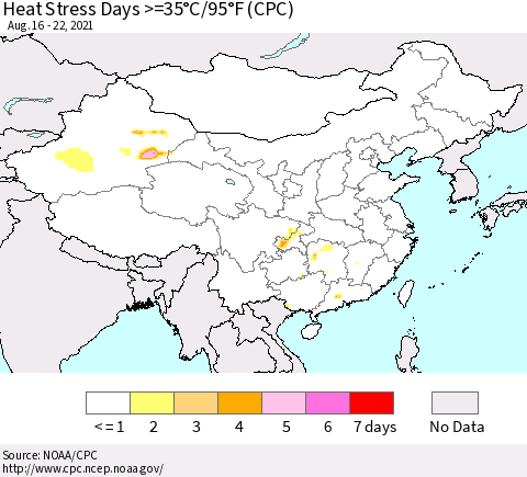 China, Mongolia and Taiwan Heat Stress Days >=35°C/95°F (CPC) Thematic Map For 8/16/2021 - 8/22/2021