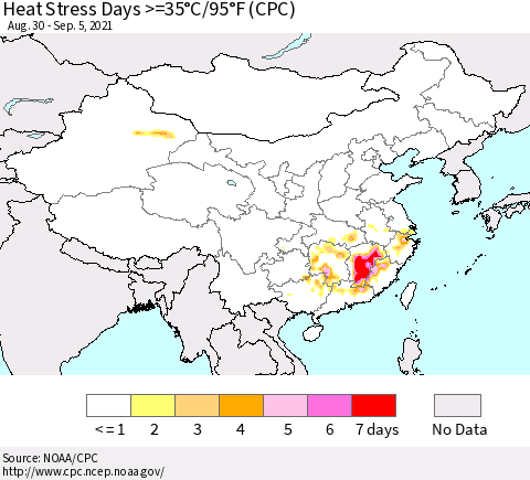 China, Mongolia and Taiwan Heat Stress Days >=35°C/95°F (CPC) Thematic Map For 8/30/2021 - 9/5/2021