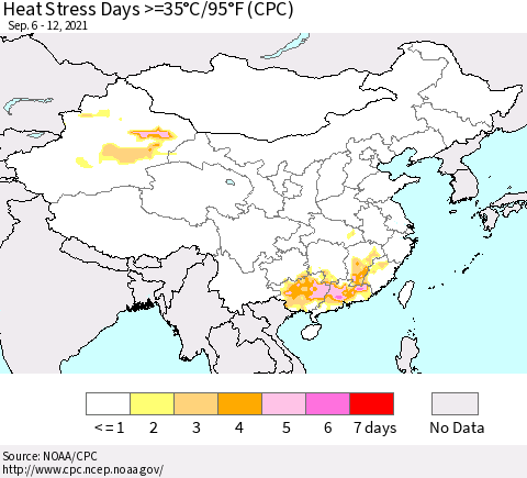 China, Mongolia and Taiwan Heat Stress Days >=35°C/95°F (CPC) Thematic Map For 9/6/2021 - 9/12/2021