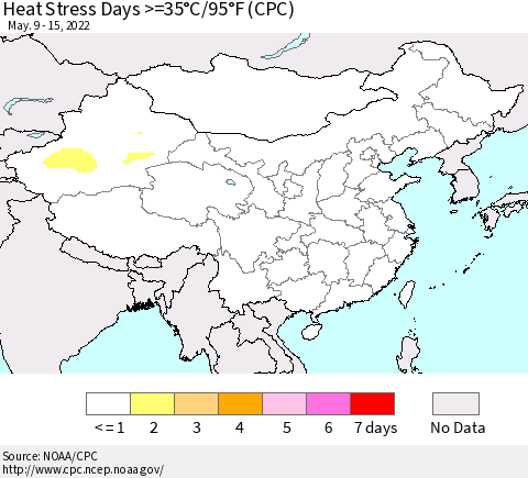 China, Mongolia and Taiwan Heat Stress Days >=35°C/95°F (CPC) Thematic Map For 5/9/2022 - 5/15/2022