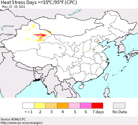 China, Mongolia and Taiwan Heat Stress Days >=35°C/95°F (CPC) Thematic Map For 5/23/2022 - 5/29/2022