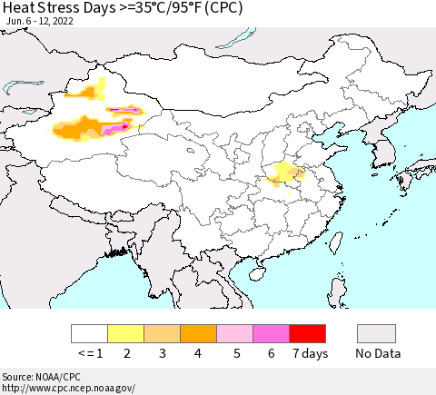 China, Mongolia and Taiwan Heat Stress Days >=35°C/95°F (CPC) Thematic Map For 6/6/2022 - 6/12/2022