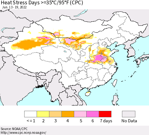 China, Mongolia and Taiwan Heat Stress Days >=35°C/95°F (CPC) Thematic Map For 6/13/2022 - 6/19/2022